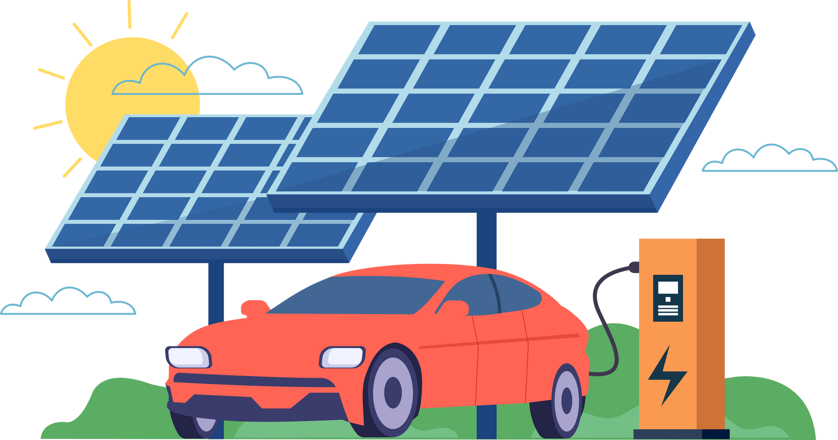 Electric car on renewable solar panel station